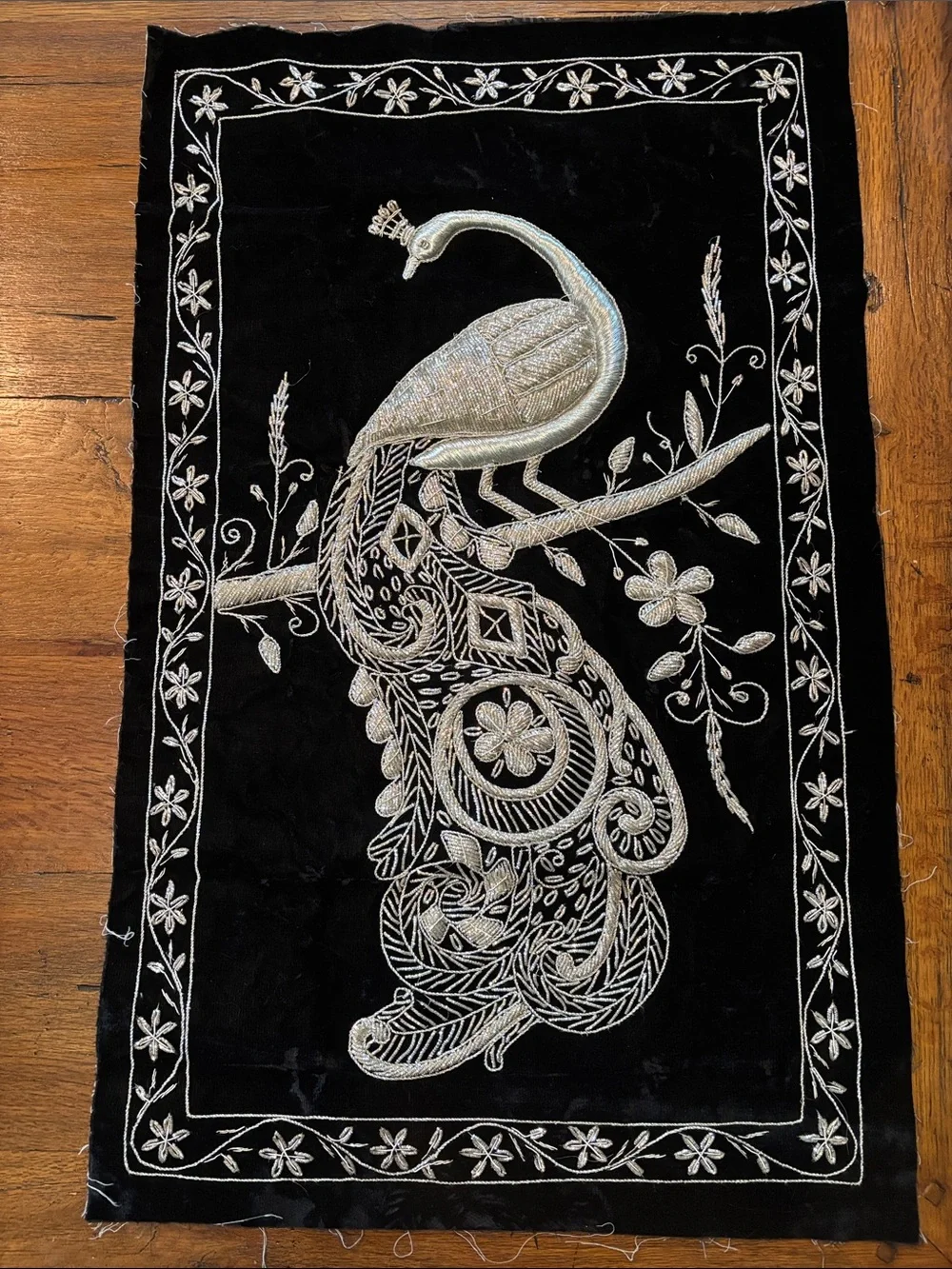 Embroidered Peacock Wall Hanging in Silver on Black